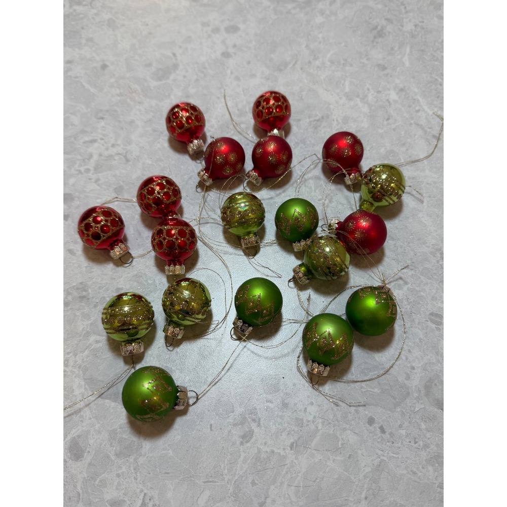 18pc Miniature Glass Christmas Ornaments Red Green Gold Glitter 1 Inch Baubles